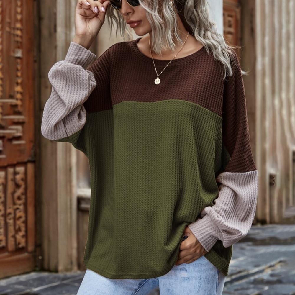 oversized color block knit waffle long sleeve top - Picture 10 of 11